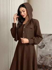 Seusyu 2pcs/Set Women Solid Color Long Sleeve Minimalist Jacket And Wide Strap Casual Dress 2 Pieces Set Fall Cloth For Women - Coffee Brown - View 5
