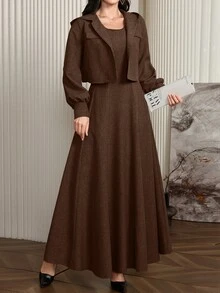 Seusyu 2pcs/Set Women Solid Color Long Sleeve Minimalist Jacket And Wide Strap Casual Dress 2 Pieces Set Fall Cloth For Women - Coffee Brown - View 4