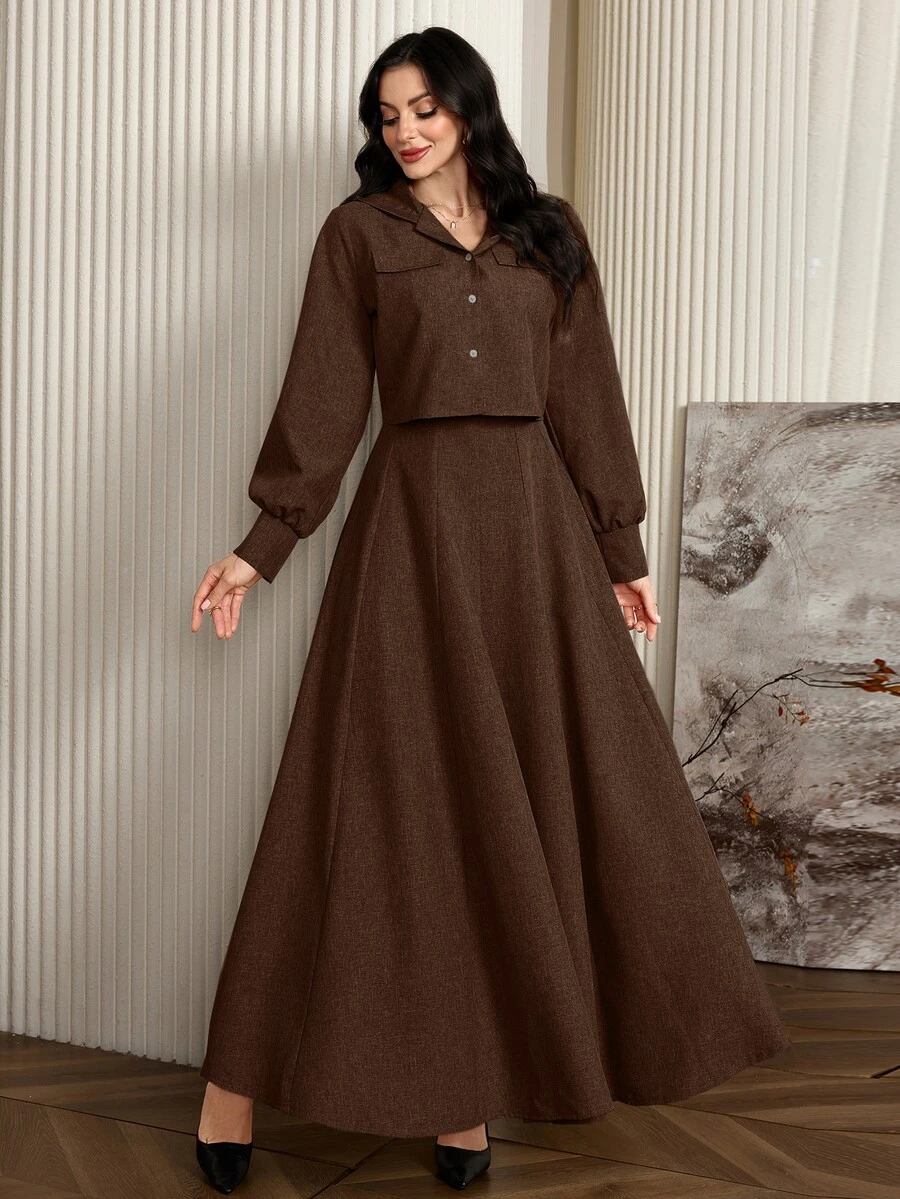 Seusyu 2pcs/Set Women Solid Color Long Sleeve Minimalist Jacket And Wide Strap Casual Dress 2 Pieces Set Fall Cloth For Women - Coffee Brown - View 1