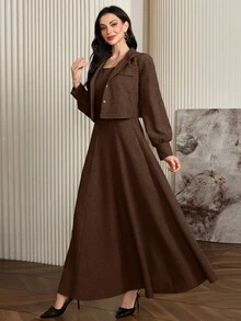 Seusyu 2pcs/Set Women Solid Color Long Sleeve Minimalist Jacket And Wide Strap Casual Dress 2 Pieces Set Fall Cloth For Women - Coffee Brown - View 7