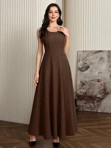 Seusyu 2pcs/Set Women Solid Color Long Sleeve Minimalist Jacket And Wide Strap Casual Dress 2 Pieces Set Fall Cloth For Women - Coffee Brown - View 6