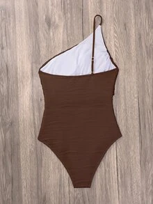 SHEIN Swim Women's Solid Color Cutout Waist One-Piece Swimsuit, Fashionable For Vacation - Brown - View 6