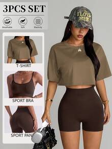 Dewbera Dewbera 1 Set Black Short Sleeve Jacket, Seamless Black Bra, And Shorts - Brown - View 2
