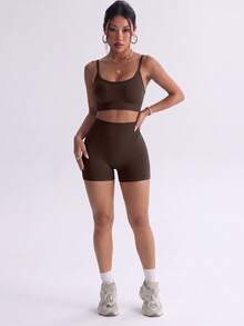 Dewbera Dewbera 1 Set Black Short Sleeve Jacket, Seamless Black Bra, And Shorts - Brown - View 6