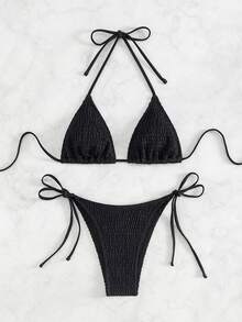 Swim Vcay Set Bikini Wanita Bermotif Bikini dengan Cakupan Luas Bikini Seksi untuk Berjemur - Hitam - View 2