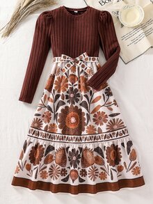 SHEIN 1件青少年女孩復古波希米亞泡泡袖收腰洋裝，日常上學度假旅行秋季穿搭，拼色花卉印花拼接中長版A字裙 - 棕色 - 查看 2