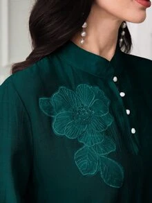 Mulvari 綠色女款寬鬆長袖洋裝，飾邊設計、立領與網格拼接，秋季正式晚裝 - 墨綠色 - 查看 3