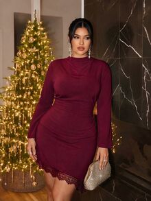 Firerie Plus Size Women Solid Color Long Sleeve Lace Hem Elegant Dress Christmas Party Cocktail Formal Burgundy Dress Thanksgiving Day Dress Women Fal/Winter - Red - View 5