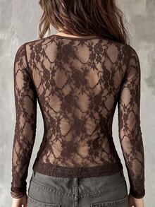 Omancia Women's Colorblock V-Neck Long Sleeve Front Tie Lace Fitted Top Night Out Going Out Brown Floral Fall Boho Sexy - Brown - View 2