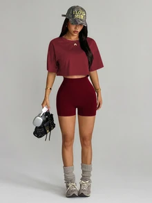 Dewbera Dewbera Seamed Black Short Sleeve Jacket Seamless Black Bra Shorts - Burgundy - View 2