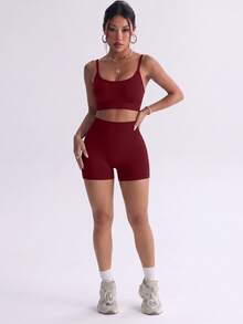 Dewbera Dewbera Seamed Black Short Sleeve Jacket Seamless Black Bra Shorts - Burgundy - View 5