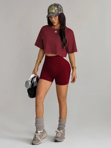 Dewbera Dewbera Seamed Black Short Sleeve Jacket Seamless Black Bra Shorts - Burgundy - View 6