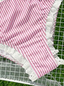 SHEIN Swim New Lace Decor Sweet Cute Pink And White Striped Frill Trim Bikini Set Beach Summer - Pink - View 6
