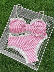 SHEIN Swim New Lace Decor Sweet Cute Pink And White Striped Frill Trim Bikini Set Beach Summer - Pink - View 3