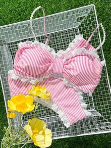 SHEIN Swim New Lace Decor Sweet Cute Pink And White Striped Frill Trim Bikini Set Beach Summer - Pink - View 7