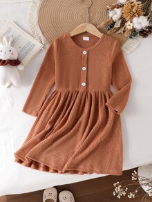 Girls Long Sleeve Knitted Dress, Ribbed Texture Front Button A-Line Skirt, Fairy Mermaid Fall Thanksgiving Matching Mommy Daughter Maroon Winter - Brown - View 5