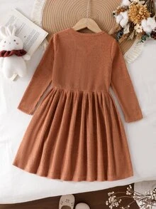 Girls Long Sleeve Knitted Dress, Ribbed Texture Front Button A-Line Skirt, Fairy Mermaid Fall Thanksgiving Matching Mommy Daughter Maroon Winter - Brown - View 2
