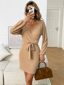 Balvessa Women's Solid Color Overlap V-Neck Dropped Shoulder Long Sleeve Elegant Dress - Apricot - View 4