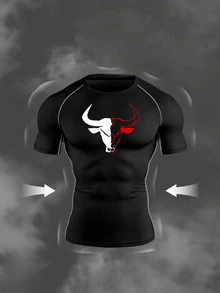 Gym Rark Men's Bull Head Print Raglan Short Sleeve T-Shirt And Long Pants Sports Athleisure Graphic Set, Gym Gym Workout Black And Red Summer - Black - View 4