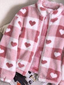 Tween Girls Fluffy Jacket With Plaid Pattern And Heart Print, Casual Coquette Cowgirl Fashion Cute School Club Dusty Pink Fall - Baby Pink - View 3