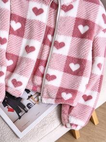 Tween Girls Fluffy Jacket With Plaid Pattern And Heart Print, Casual Coquette Cowgirl Fashion Cute School Club Dusty Pink Fall - Baby Pink - View 4