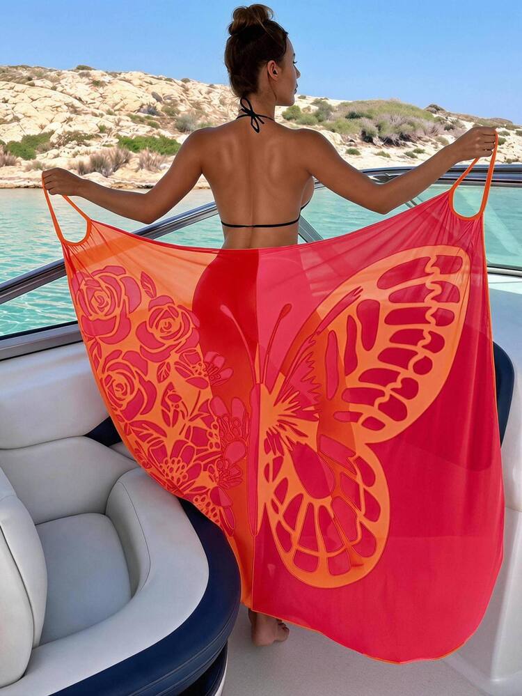 Bonvoyette New Summer Beachwear: Color-Block Sheer Maxi Cover-Up Skirt With Butterfly And Floral Prints.Vacation Outfits Women. - Multicolor - View 8