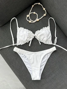 Swim Mod Embroidered Mesh Fabric Thin Frill Edge Pleated Front Tie Bow Waist Cute Sweet Fashionable Lively Party 2-Piece Bikini Set Set - White - View 2