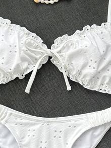 Swim Mod Embroidered Mesh Fabric Thin Frill Edge Pleated Front Tie Bow Waist Cute Sweet Fashionable Lively Party 2-Piece Bikini Set Set - White - View 5
