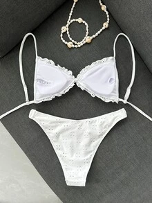 Swim Mod Embroidered Mesh Fabric Thin Frill Edge Pleated Front Tie Bow Waist Cute Sweet Fashionable Lively Party 2-Piece Bikini Set Set - White - View 6
