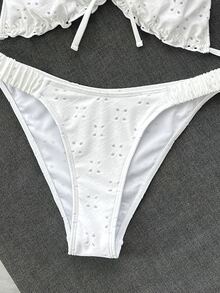 Swim Mod Embroidered Mesh Fabric Thin Frill Edge Pleated Front Tie Bow Waist Cute Sweet Fashionable Lively Party 2-Piece Bikini Set Set - White - View 7