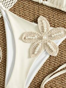 Swim SXY Women's Vacation Draped Neck Halter Triangle Bikini Top With Pearl String Embellishment + Hollow Mesh Crochet Textured Fabric Halter Drape Ruffle Cover-Up + Side Tie Triangle Bottom With Crochet Pearl Flower Decor, 3 Pieces Swimwear Set, Suitable For Beach Vacation, Pool, Beach Photography, Hot Spring - Beige - View 6