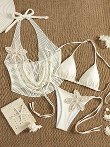 Swim SXY Women's Vacation Draped Neck Halter Triangle Bikini Top With Pearl String Embellishment + Hollow Mesh Crochet Textured Fabric Halter Drape Ruffle Cover-Up + Side Tie Triangle Bottom With Crochet Pearl Flower Decor, 3 Pieces Swimwear Set, Suitable For Beach Vacation, Pool, Beach Photography, Hot Spring - Beige - View 5