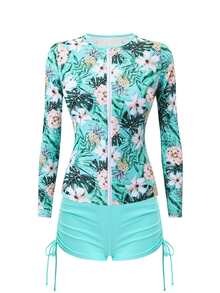 Swim SPRTY Springbreak 女款 2 件式衝浪泳衣套裝，長袖上衣與比基尼泳褲，高彈性面料，植物印花，隨意海灘度假泳裝 - 薄荷綠 - 查看 2