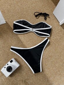 Bonvoyette 2pcs/Set Women Sexy Wireless Bandeau Top Color Block Triangle Bottom Bikini Set, Summer Beach Party Black And White - Black and White - View 3