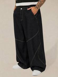 EASEVO Men's Plus Size Curved Leg Wide Leg Loose Casual Denim Jeans - Black - View 5