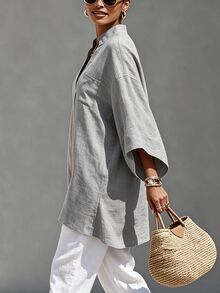 SHEIN Holidaya 女款缺口V領寬鬆落肩3/4袖純棉襯衫，通勤、派對、休閒上衣，海灘度假夏季灰色，僅上衣 - 灰色 - 查看 4