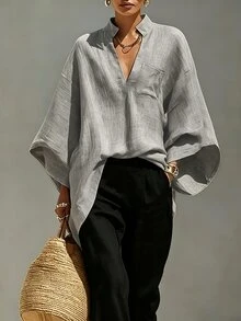 SHEIN Holidaya 女款缺口V領寬鬆落肩3/4袖純棉襯衫，通勤、派對、休閒上衣，海灘度假夏季灰色，僅上衣 - 灰色 - 查看 3
