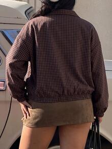 Muchica Women's Plus Size Plaid Casual Zip-Up Jacket Fall - Brown - View 2