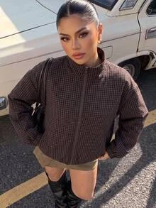 Muchica Women's Plus Size Plaid Casual Zip-Up Jacket Fall - Brown - View 1