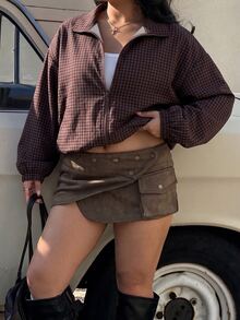 Muchica Women's Plus Size Plaid Casual Zip-Up Jacket Fall - Brown - View 3