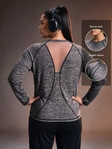Powerista Women's Plus Size Round Neck Open Back Long Sleeve Loose Comfortable Sports T-Shirt Fall - Black - View 2