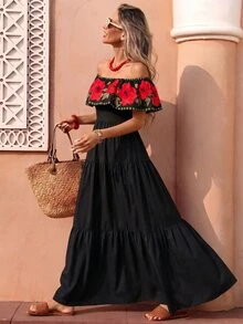 Flora Isola Flora Isola Women's Romantic Date Off-Shoulder Long Dress - Black - View 1