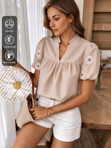 Wandoria Women's Daisy Embroidery Striped Frill V-Neck Short Puff Sleeve Casual Blouse - Coffee Brown - View 1