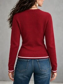 SHEIN Women's Burgundy Round Neck Frog Button Knit Cardigan, Slim Fit Long Sleeve Argyle Pattern, Autumn/Winter Outerwear - Red - View 2