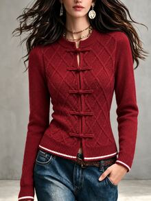 SHEIN Women's Burgundy Round Neck Frog Button Knit Cardigan, Slim Fit Long Sleeve Argyle Pattern, Autumn/Winter Outerwear - Red - View 1