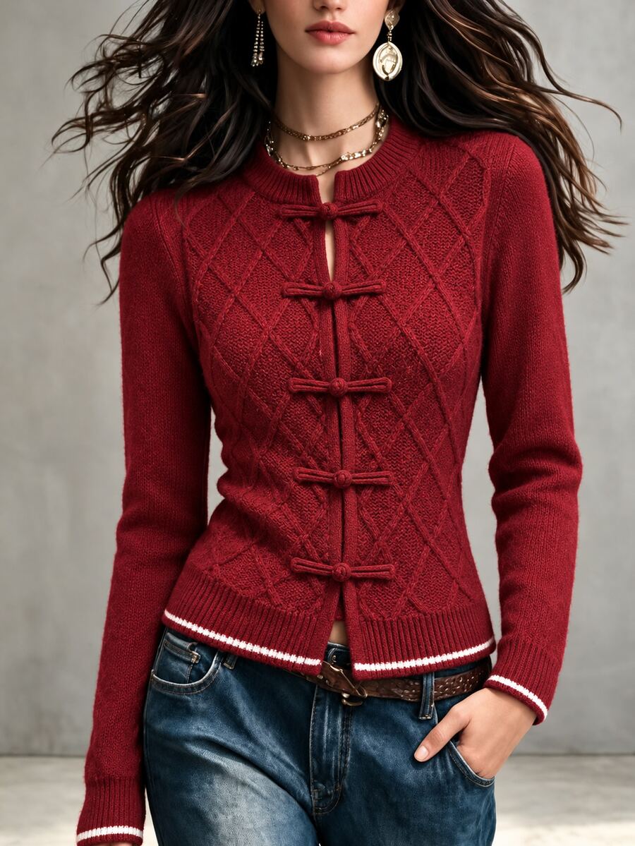 SHEIN Women's Burgundy Round Neck Frog Button Knit Cardigan, Slim Fit Long Sleeve Argyle Pattern, Autumn/Winter Outerwear - Red - View 1