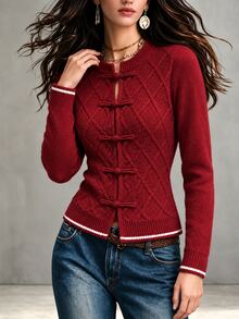 SHEIN Women's Burgundy Round Neck Frog Button Knit Cardigan, Slim Fit Long Sleeve Argyle Pattern, Autumn/Winter Outerwear - Red - View 4