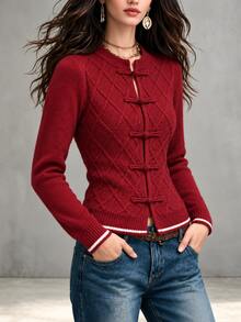 SHEIN Women's Burgundy Round Neck Frog Button Knit Cardigan, Slim Fit Long Sleeve Argyle Pattern, Autumn/Winter Outerwear - Red - View 3