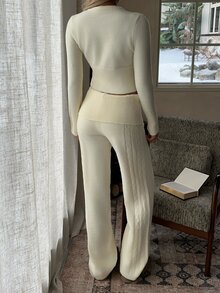 CovetEZ Women's Round Neck Button Long Sleeve Sweater & Solid Color Pants 2pcs Set - White - View 2