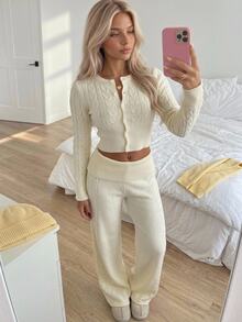 CovetEZ Women's Round Neck Button Long Sleeve Sweater & Solid Color Pants 2pcs Set - White - View 8